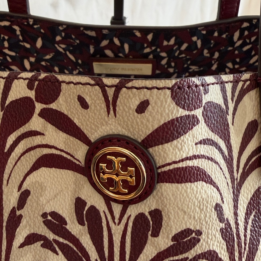 Tory Burch Kerrington Printed Tote • Maroon Leaf Pattern • Leather Trim - Picture 2 of 3